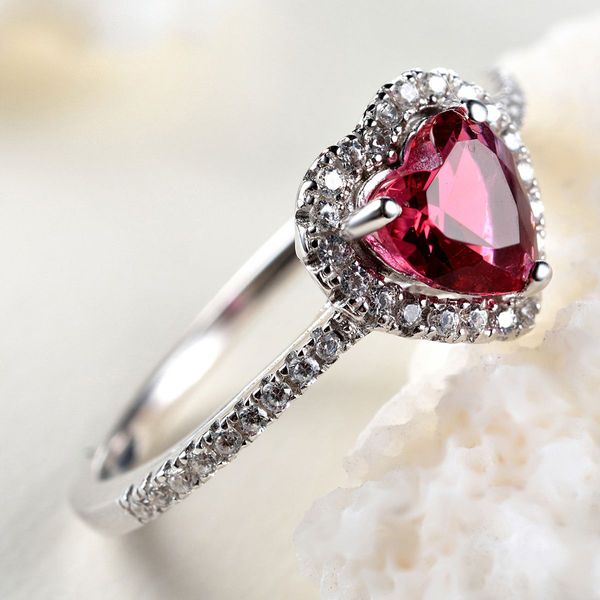 S925 Sterling Silver Heart Shaped Simulated Red Garnet Promise with Cubic Zulastone