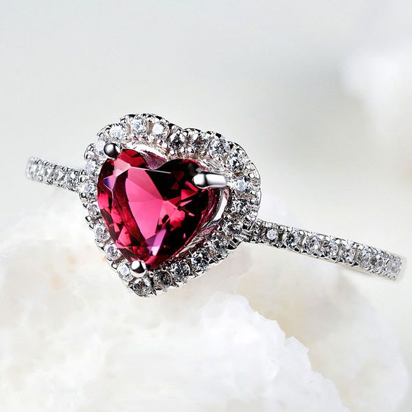 S925 Sterling Silver Heart Shaped Simulated Red Garnet Promise with Cubic Zulastone