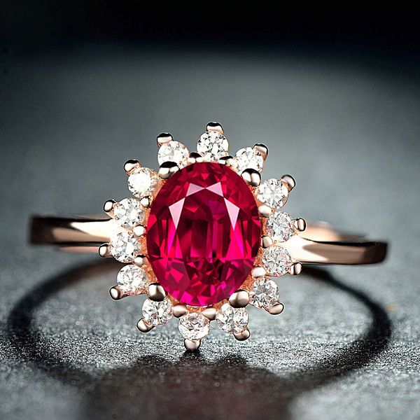 Rose Golden Plated Sterling Silver Simulated Ruby Engagement Ring with Cubic Zulastone Halo