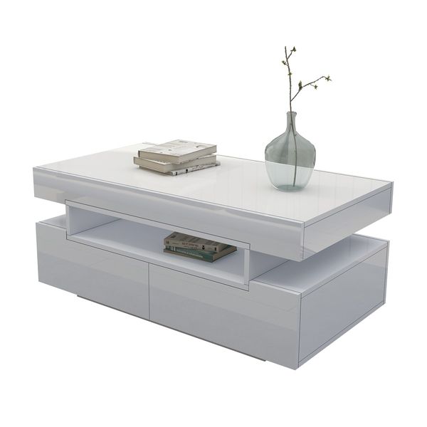 Modern White Coffee Table 4-Drawer Storage Shelf High Gloss Wood Living Room Furniture