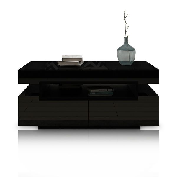 Modern Black Coffee Table 4-Drawer Storage Shelf High Gloss Wood Living Room Furniture