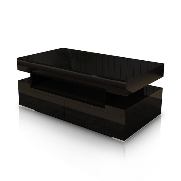 Modern Black Coffee Table 4-Drawer Storage Shelf High Gloss Wood Living Room Furniture