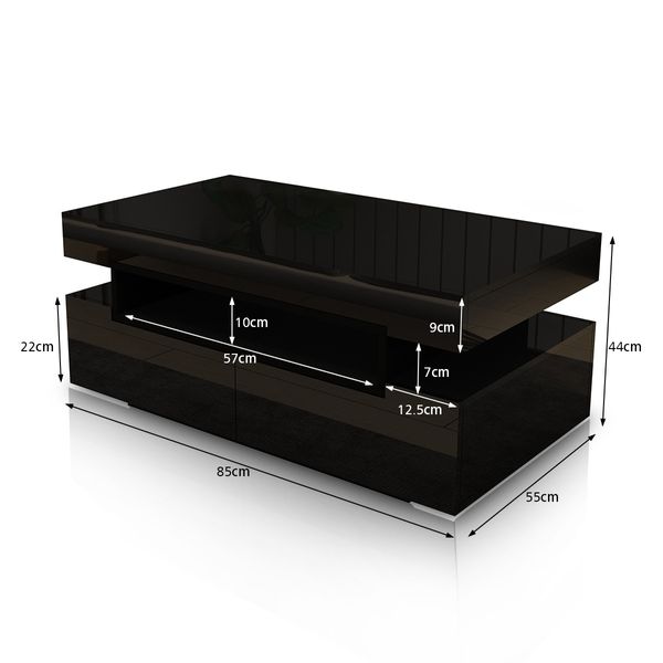 Modern Black Coffee Table 4-Drawer Storage Shelf High Gloss Wood Living Room Furniture