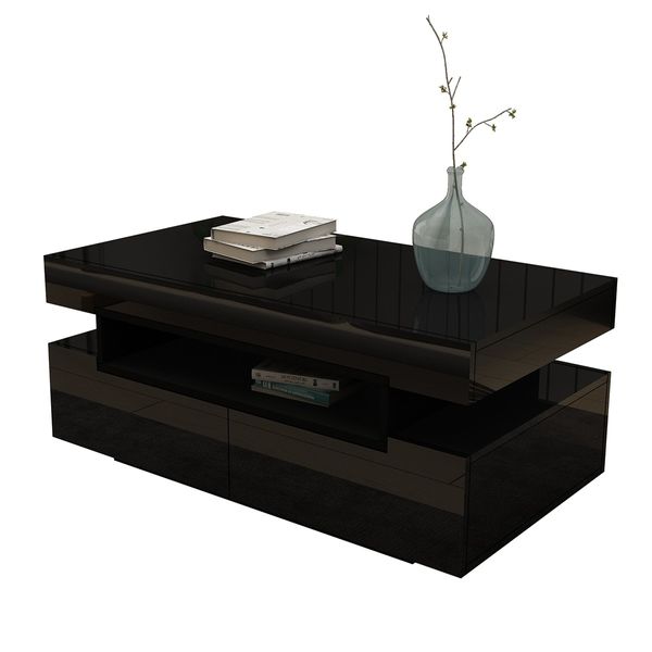 Modern Black Coffee Table 4-Drawer Storage Shelf High Gloss Wood Living Room Furniture