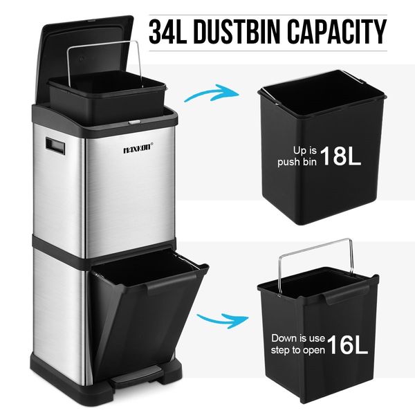 34L Two Layer Press Top Dustbin Kitchen Waste Pedal Bin Garbage Trash Can