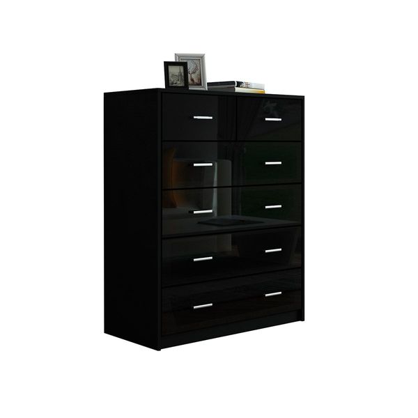 6 Chest of Drawers Tallboy Dresser Table High Gloss Storage Cabinet Bedroom Furniture - Black