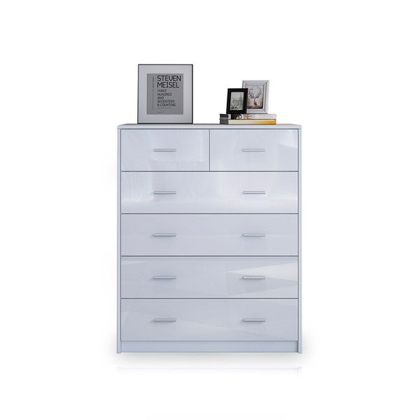 6 Chest of Drawers Tallboy Dresser Table High Gloss Storage Cabinet Bedroom Furniture - White