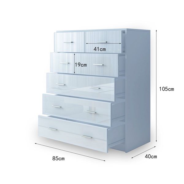 6 Chest of Drawers Tallboy Dresser Table High Gloss Storage Cabinet Bedroom Furniture - White