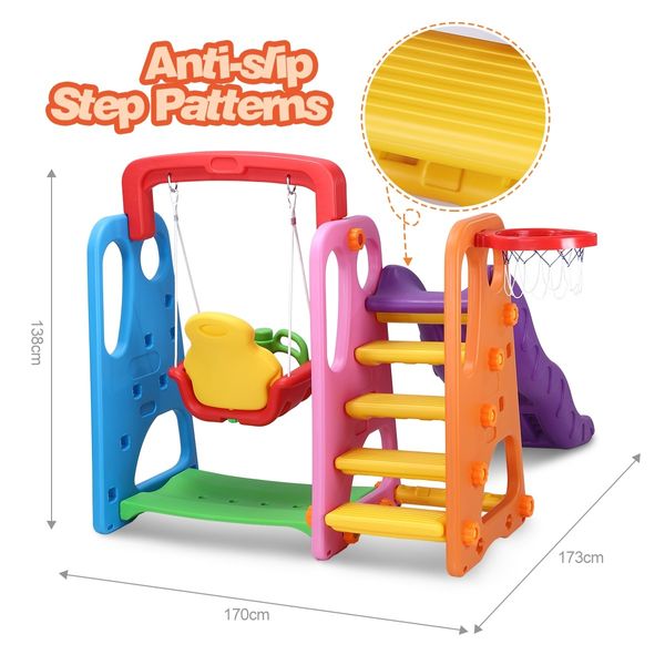 Kids Outdoor Playground Slide Swing Basketball Set