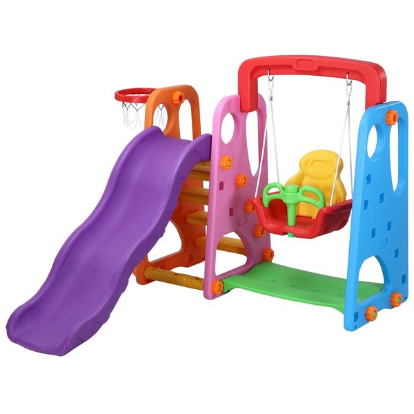 Kids Outdoor Playground Slide Swing Basketball Set