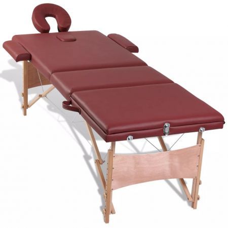 Red Foldable Massage Table 3 Zones with Wooden Frame