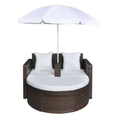 Garden Bed with Parasol Brown Poly Rattan