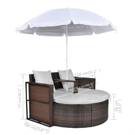 Garden Bed with Parasol Brown Poly Rattan