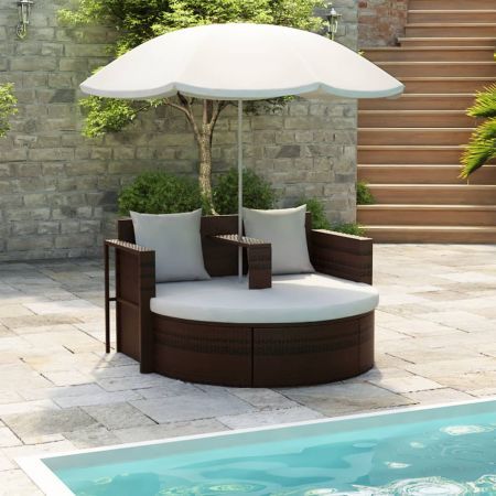 Garden Bed with Parasol Brown Poly Rattan