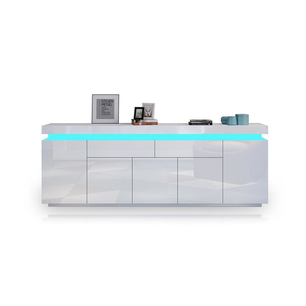 180cm Wood Sideboard Cabinet 5 Doors Storage Buffet Table with RGB LED White