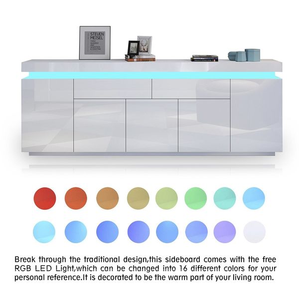 180cm Wood Sideboard Cabinet 5 Doors Storage Buffet Table with RGB LED White