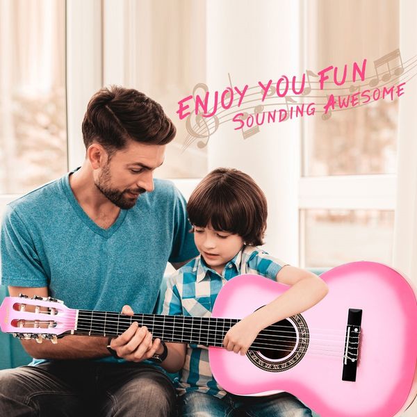 Melodic 34 Inch Kids Acoustic Guitar 6 Strings Tuner Cutaway Wooden Kids Gift Pink