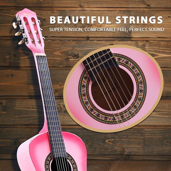 Melodic 34 Inch Kids Acoustic Guitar 6 Strings Tuner Cutaway Wooden Kids Gift Pink