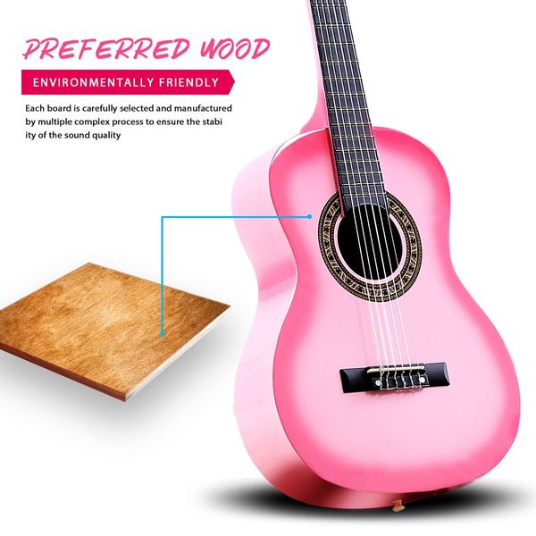 Melodic 34 Inch Kids Acoustic Guitar 6 Strings Tuner Cutaway Wooden Kids Gift Pink