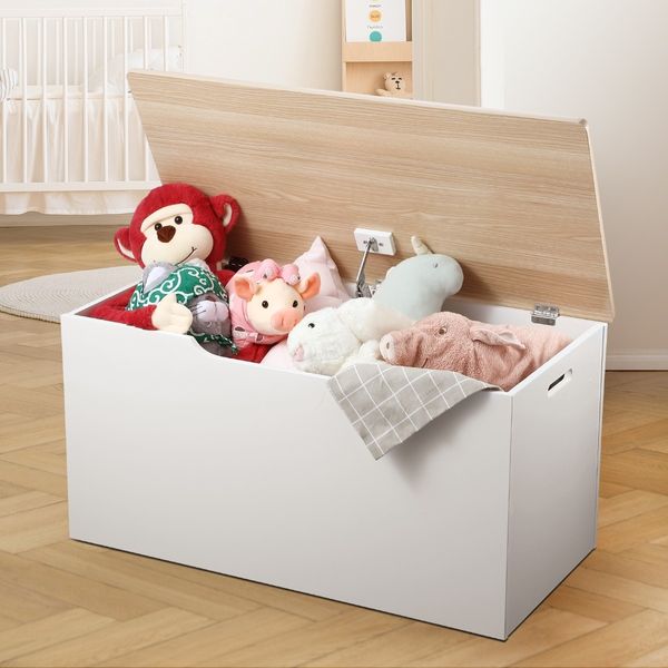 Kidbot Kids Wooden White Toy Storage Box Chest with Lid 80x40x40cm