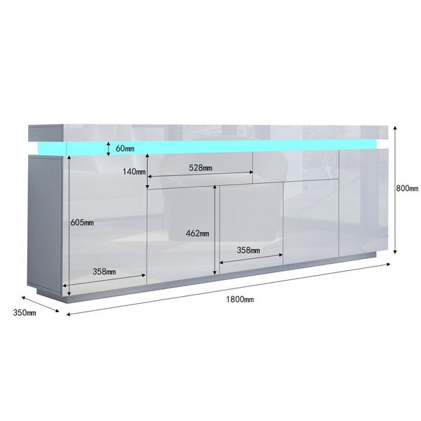 180cm Wood Sideboard Cabinet 5 Doors Storage Buffet Table with RGB LED White