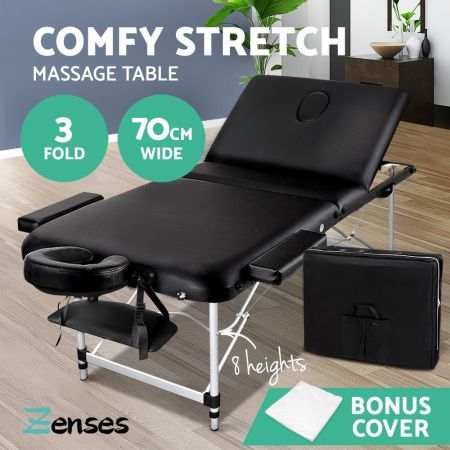 Zenses Massage Table 70cm 3 Fold Aluminium Beauty Bed Portable Therapy Black