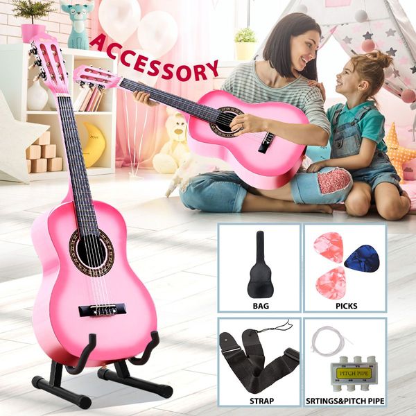 Melodic 34 Inch Kids Acoustic Guitar 6 Strings Tuner Cutaway Wooden Kids Gift Pink