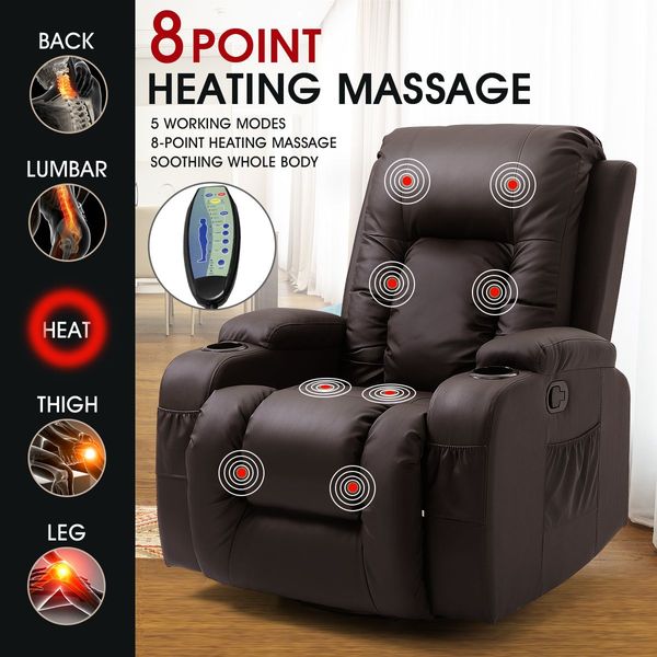 Massage Chair Rocking Armchair Recliner Sofa Heated Seat 360 Degree Swivel Brown