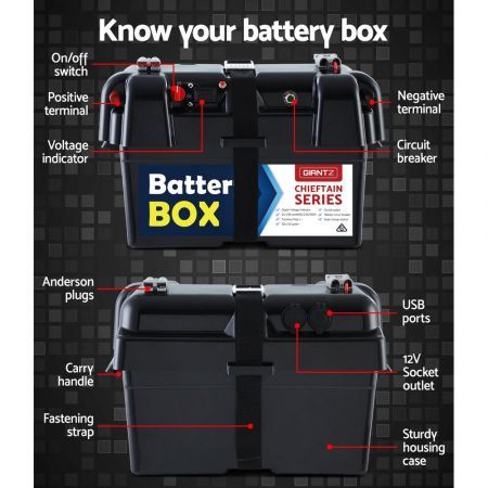 GIANTZ Battery Box 12V Camping Portable Deep Cycle AGM Universal Large USB Cig