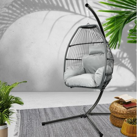 Gardeon Outdoor Egg Swing Chair Wicker Rope Furniture Pod Stand Cushion Grey