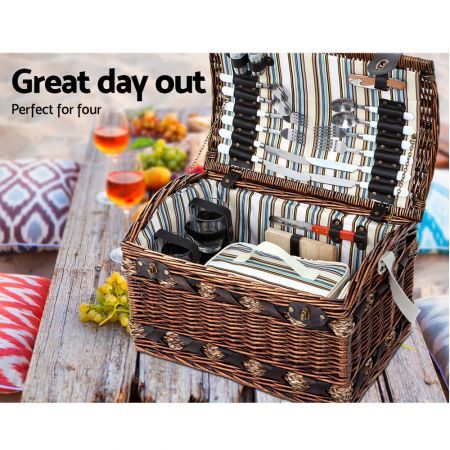 Alfresco 4 Person Picnic Basket Set Insulated Storage Blanket