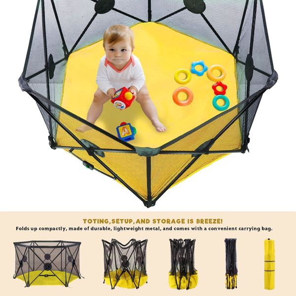 Kidbot Travel Child Pop Up Playpen Foldaway Baby Playpen 6-Panel Yellow