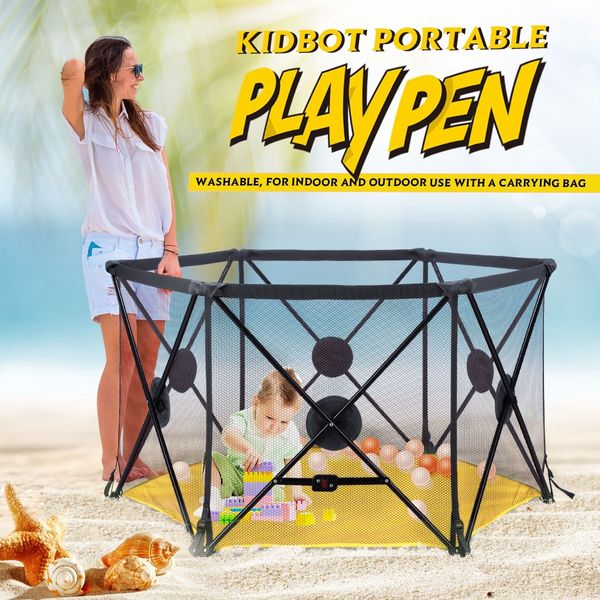 Kidbot Travel Child Pop Up Playpen Foldaway Baby Playpen 6-Panel Yellow