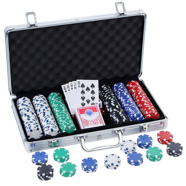 300pcs Poker Chips Set Casino Texas Hold'em Gambling Party Game Dice Cards Case