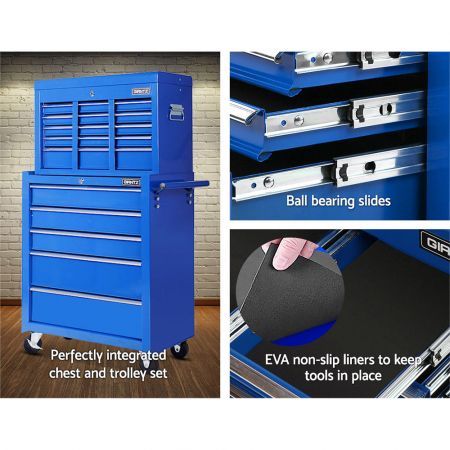 Giantz 14 Drawer Tool Box Cabinet Chest Mechanic Garage Storage Trolley Blue