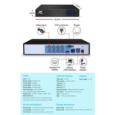 UL-Tech CCTV Security System 2TB 8CH DVR 1080P 4 Camera Sets