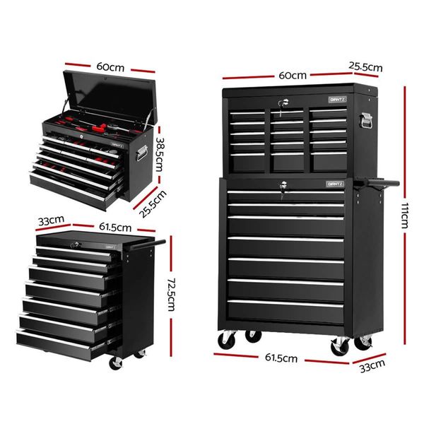 Giantz 16 Drawer Tool Box Cabinet Chest Trolley Toolbox Garage Storage Black