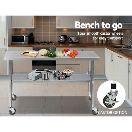 Cefito 304 Stainless Steel Kitchen Benches Work Bench Food Prep Table with Wheels 1524MM x 610MM