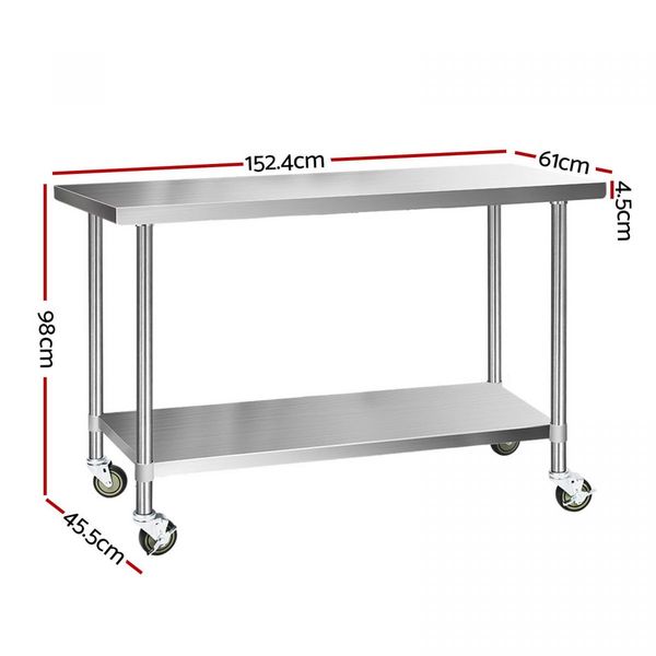 Cefito 430 Stainless Steel Kitchen Benches Work Bench Food Prep Table with Wheels 1524MM x 610MM