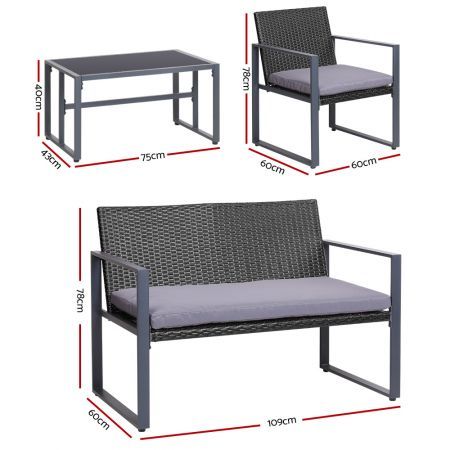 Gardeon 4 PCS Outdoor Sofa Set Rattan Furniture Glass Top Table Chairs Black