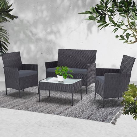 Gardeon 4 Seater Outdoor Sofa Set Wicker Setting Table Chair Furniture Dark Grey