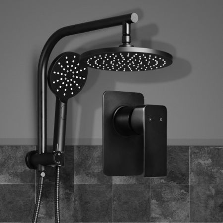 WELS Round 9 inch Rain Shower Head and Mixer Set Bathroom Handheld Spray Bracket Rail Mat Black