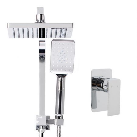 WELS Square 8 inch Rain Shower Head and Mixer Set Bathroom Handheld Spray Bracket Rail Chrome