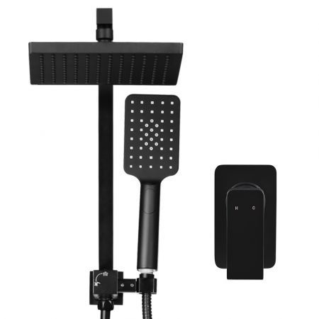 WELS Square 8 inch Rain Shower Head & Mixer Set Bathroom Handheld Spray Bracket Rail Mat Black