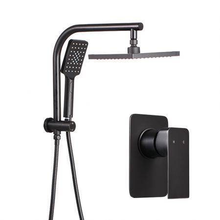 WELS Square 8 inch Rain Shower Head & Mixer Set Bathroom Handheld Spray Bracket Rail Mat Black