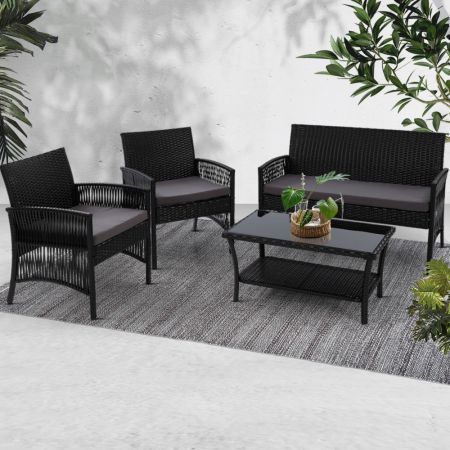 Gardeon 4PCS Outdoor Sofa Set Wicker Harp Chair Table Garden Furniture Black