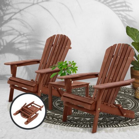 Gardeon 3PC Adirondack Outdoor Table and Chairs Wooden Foldable Beach Chair Brown