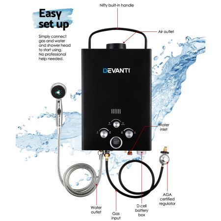 Devanti Portable Gas Water Heater 8L/Min With Pump LPG System Black