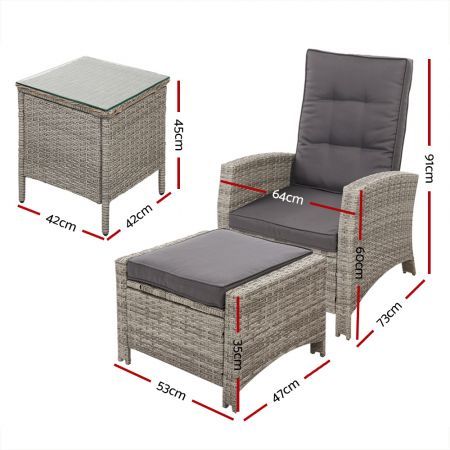 Gardeon 3PC Recliner Chairs Table Sun lounge Wicker Outdoor Furniture Adjustable Grey