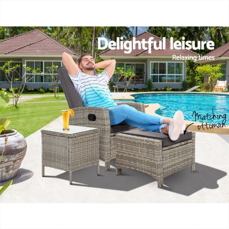 Gardeon 3PC Recliner Chairs Table Sun lounge Wicker Outdoor Furniture Adjustable Grey